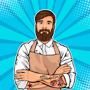 Bearded man with tattoo on arms vector illustration in comic pop art style. Hipster artisan or worker in apron