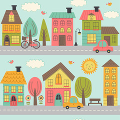 seamless pattern with street of small town - vector illustration, eps
