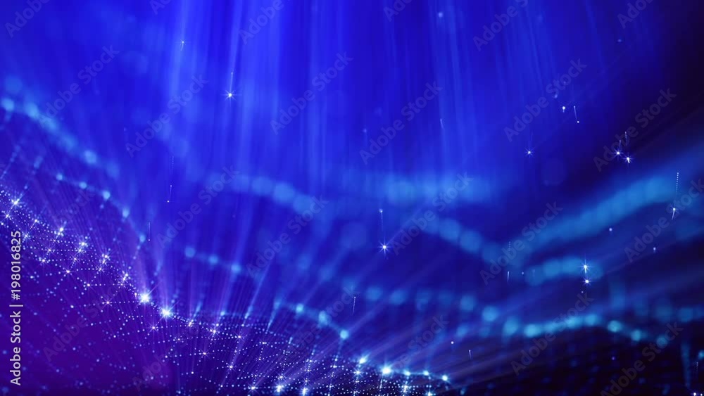 Poster 3d loop particles animation with depth of field, bokeh and light rays for interesting background or 