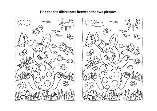 Easter holiday themed find the ten differences picture puzzle and coloring page with bunny and painted egg, rural scene
