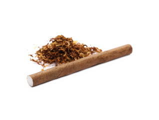 Cigarillos and tobacco pile isolated over white background