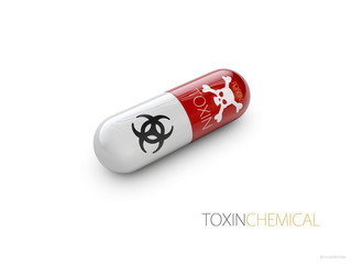 Pills named Toxin with a skull as the brand logo. 3d illustration