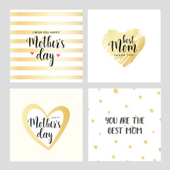 Vector set of square cards for Mother's day. Gold contour heart with little hearts. Vector illustration. Vector card, badge for Mother's day. Love Mom concept. Happy Mother's day. 