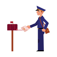 Cartoon postman cheerful character standing smiling putting letter in mailbox. Man in professional blue uniform peaked cap. Delivery service worker, mailman. Vector illustration