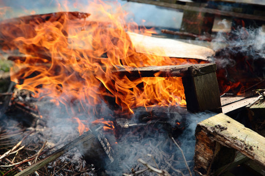 Burning Pallets And Garden Waste On An Allotment