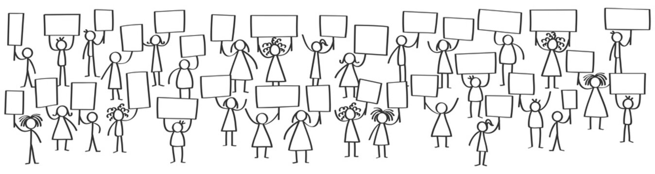 Vector illustration of protesting stick figures, holding up blank boards, horizontal banner, isolated on white background
