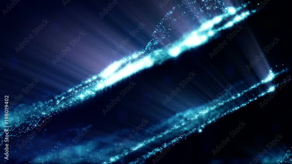 Poster 3d loop particles animation with depth of field, bokeh and light rays for interesting background or 