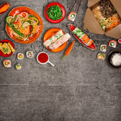Various of asian meals on rustic background , top view , place for text.