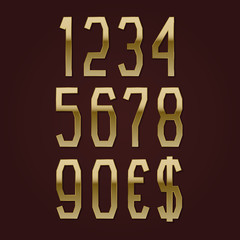 Golden numbers with currency signs of American dollar and euro. Vector symbols.