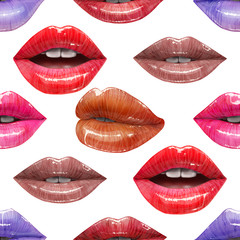Obraz premium Seamless pattern of colorful sexy lips. Vector lipstick or lip gloss 3d realistic design. Fashion illustration