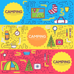Camping equipment set circle infographics template concept. Icons for your product or design, web and mobile applications. Vector flat with long shadow illustration on blue background