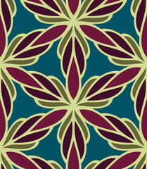 Seamless pattern morrocan ornament. Floral textile print. Islamic vector design. Oriental background with abstract flowers. Hexagonal trefoil swatch. Stained glass vitrage.