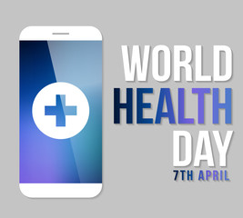 Fototapeta premium World health day illustration with smartphone, health cross icon and custom text. Vector illustration for the international health day on april 7th.