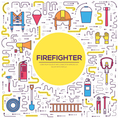 Flat firefighter uniform and first help equipment set and instruments. On style background concept. Vector illustration colorful template for you thin line design.