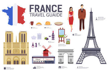 Plakat Country France travel vacation guide of goods, places and features. Set of architecture, fashion, people, items, nature background concept. Infographic template design for web and mobile on flat style
