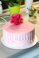 Tasty pink homemade cake decorated by rose and macarons
