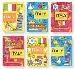  Italy vector brochure cards thin line set. Country travel template of flyear, magazines, posters, book cover, banners. Layout culture monument outline illustrations modern pages
