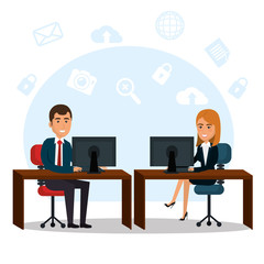 businesspeople in the office with e-mail marketing icons