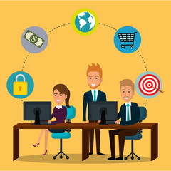 businesspeople in the office with e-mail marketing icons