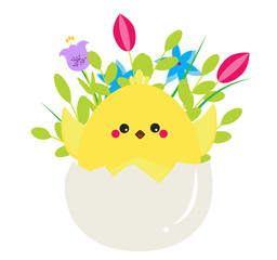 Cute cartoon rooster chicken sitting in Egg with flowers. Isolated clip art for Easter design and seasonal greetings