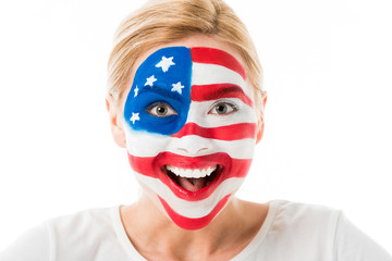 Excited woman with usa flag face paint isolated on white