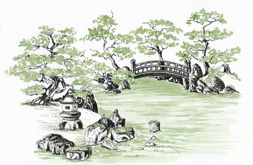 Japanese garden with a bridge and a stone lantern near the water. Sketch.