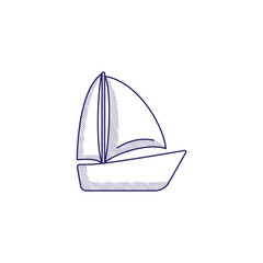 Minimalistic hand-drawn icon with a boat with sails. Hatched web icon