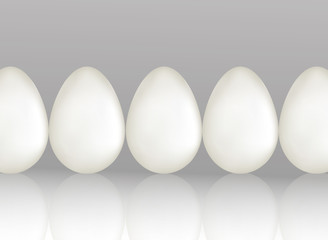 A row of five white chicken eggs on light gray background with reflaction. Natural ecological protein product. Healthy food. Dietary meal. Easter symbol. Realistic 3d Vector illustration