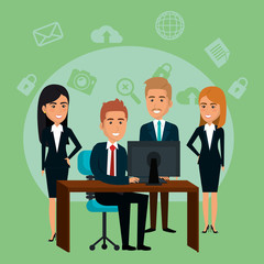 businesspeople in the office with e-mail marketing icons