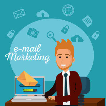 businessman in the office with e-mail marketing icons