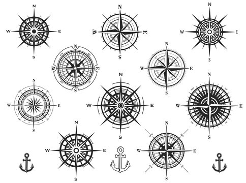 Set of wind roses silhouettes on white background. Compass vector illustrations.