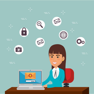 businesswoman in the office with e-mail marketing icons