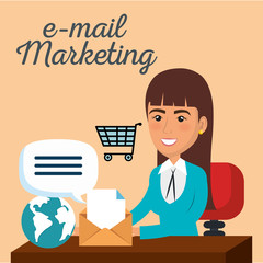 businesswoman in the office with e-mail marketing icons