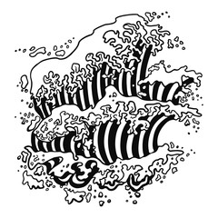 An oriental Japanese great wave in a vintage retro engraved etching woodcut style.Graph drawing of a sea wave. Engraving, tattoo, line art. Vector illustration monochrome