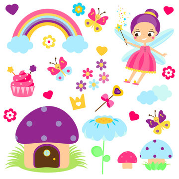 Fairy set. Collection of cartoon fairy tale design elements. Rainbow, mushroom house, forest symbols. Stickers, clip art for girls for scrapbook, party, mobile applications