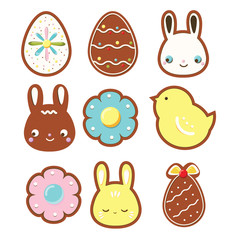 Easter cookies. Seasonal spring bakery. Decorated gingerbreads. Vector icons set
