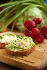 Summer sandwiches ingredients - cucumber, radish, tomato, mozzarella and eggs, white wood background, top view