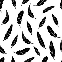 Seamless pattern with black feathers isolated on white background. Vector illustration