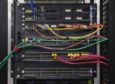 Cat 5 cables plugged into an individual server in a computer server farm.