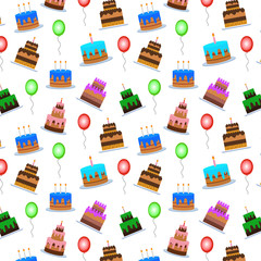 Cakes and balloons vector seamless pattern. Sweet cream pie with candles on white background. Vector illustration