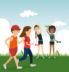 athletic people practicing exercise characters vector illustration design