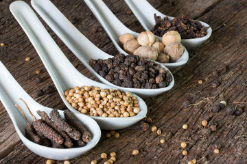 seasoning herbal in spoon on wood table for ingredient of food
