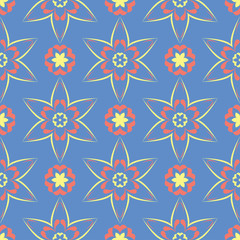 Fototapeta na wymiar Floral seamless pattern. Blue background with colored flower elements