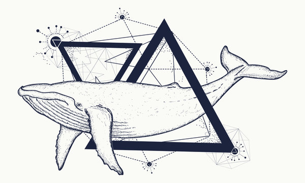 Creative geometric whale tattoo art t-shirt print design poster textile. Whale tattoo geometric style. Mystical symbol of adventure, dreams. Travel, adventure, outdoors symbol whale marine tattoo