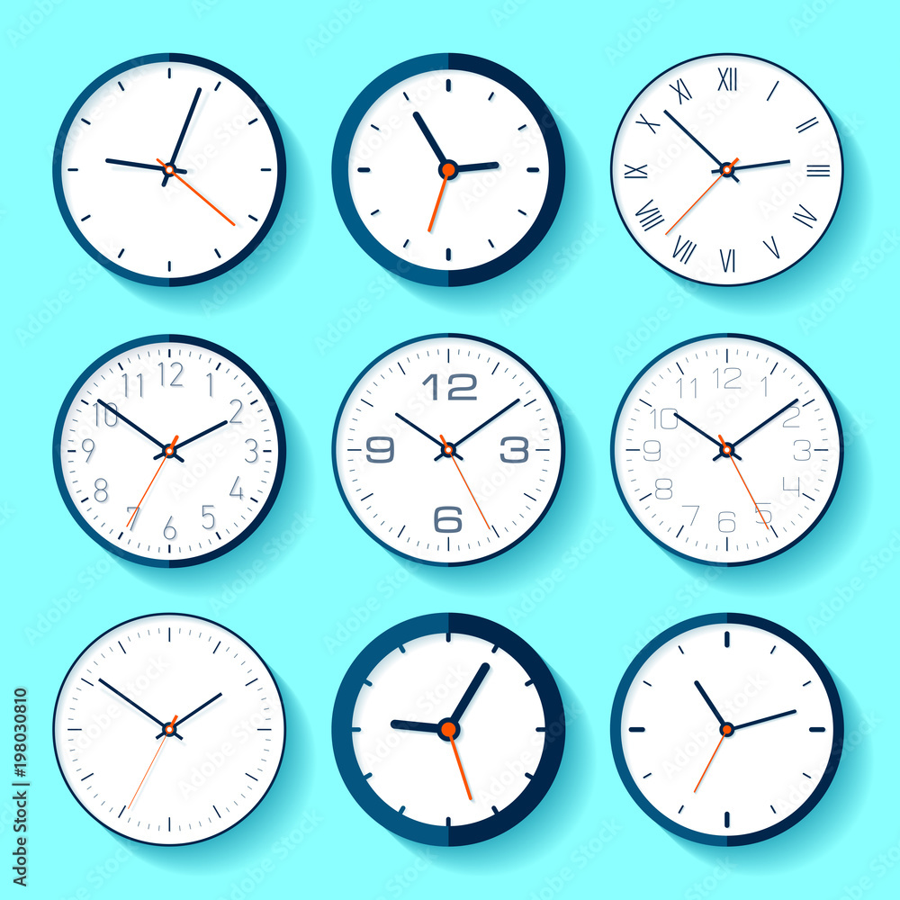 Poster set of different clock icons in flat style, minimalistic timers on blue background. business watchs.