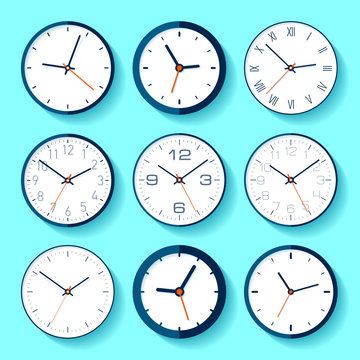 Set of different clock icons in flat style, minimalistic timers on blue background. Business watchs. Vector design elements for you projects