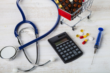 Shopping trolley with pills,money and calculator