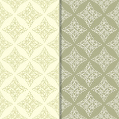 Olive green geometric ornaments. Set of seamless patterns