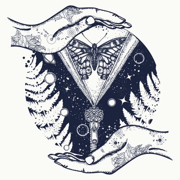 Surreal Universe, planet and star t-shirt design. Universe and butterfly tattoo art. Symbol of esoterics, mysticism, astrology, dream