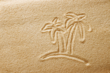 The palms are painted in the sand. Beach background. Top view. The concept of summer, summer kanikkuly, vacation, holydays.